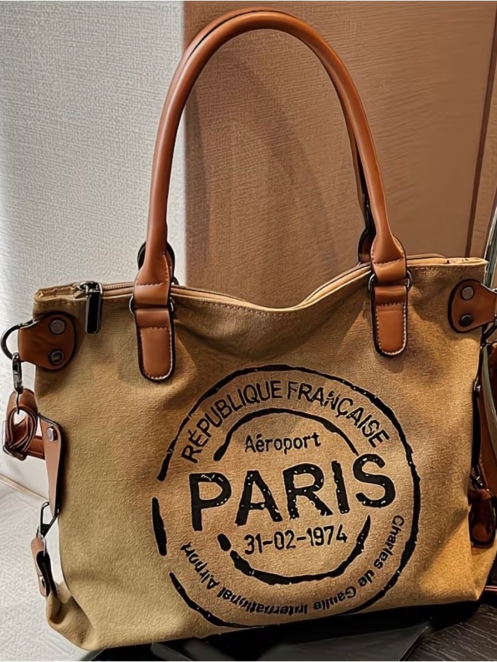 Canvas Paris Crossbody bag with Tan Leather Handles NWOT